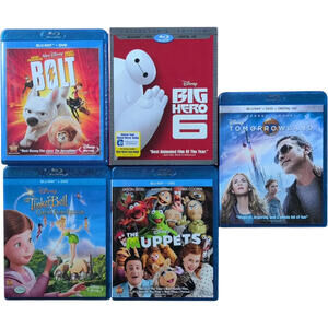 Disney Blu-Ray DVD Lot 5 Bolt Big Hero 6 Muppets Tinker Bell Tomorrowland Set